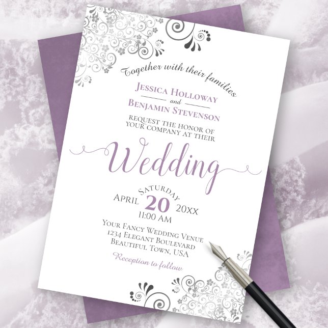 Silver Frills Elegant Lavender on White Wedding Invitation (Creator Uploaded)