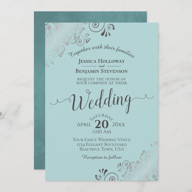 Silver Frills Elegant Mint Teal & Grey Wedding Invitation (Front/Back)