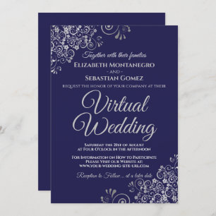 Silver Frills Elegant Navy Blue Virtual Wedding Invitation