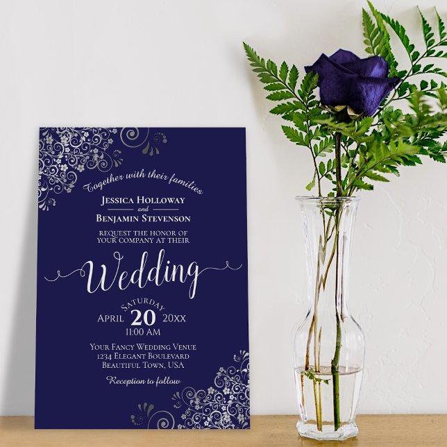 Silver Frills Elegant Navy Blue Wedding Invitation (Creator Uploaded)