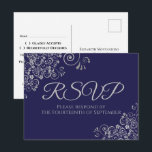 Silver Frills Elegant Navy Blue Wedding RSVP Postcard<br><div class="desc">These beautiful RSVP postcards will make it easy for your guests to respond to your wedding invitation with either the number attending and a meal selection, or to send their regrets. The design is simple yet elegant with silver grey text and a lacy silver faux foil floral filigree border on...</div>