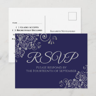 Silver Frills Elegant Navy Blue Wedding RSVP Postcard