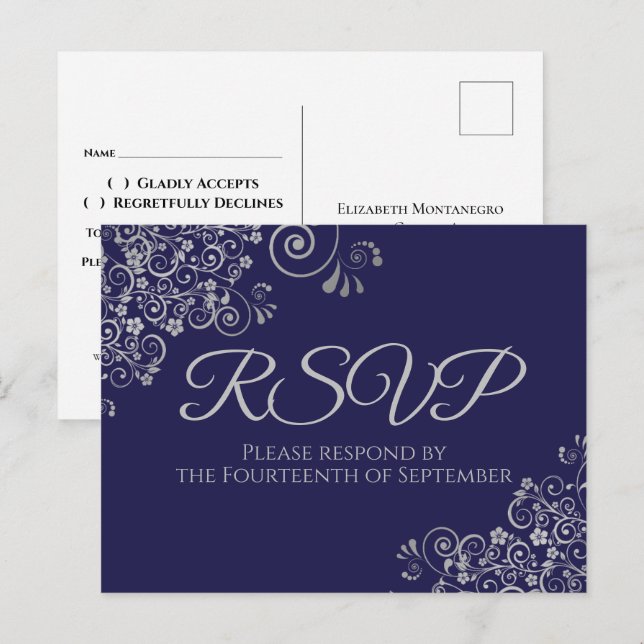 Silver Frills Elegant Navy Blue Wedding RSVP Postcard (Front/Back)