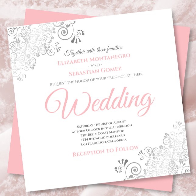 Silver Frills Elegant Pink & White Square Wedding Invitation (Creator Uploaded)