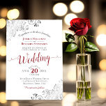 Silver Frills Elegant Red & Gray on White Wedding Invitation<br><div class="desc">This beautiful wedding invitation features a simple yet elegant design with lacy script red calligraphy on a white background and frilly silver gray faux foil filigree in the corners. The wording is formal,  but the layout is modern and stylish.</div>
