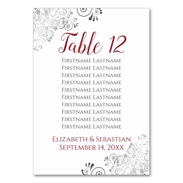 Silver Frills Elegant Red Wedding Seating Chart Table Number (Back)