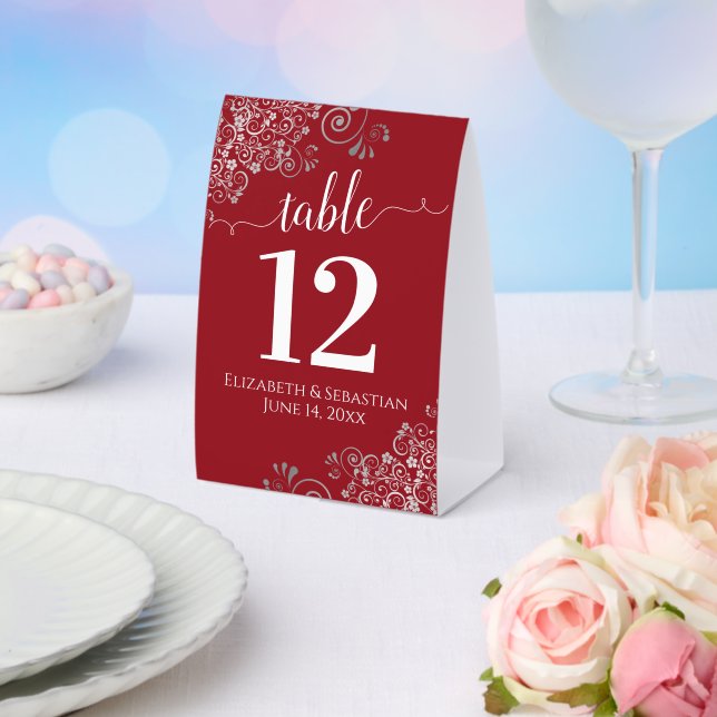 Silver Frills Elegant Red Wedding Table Number (Insitu(Wedding))