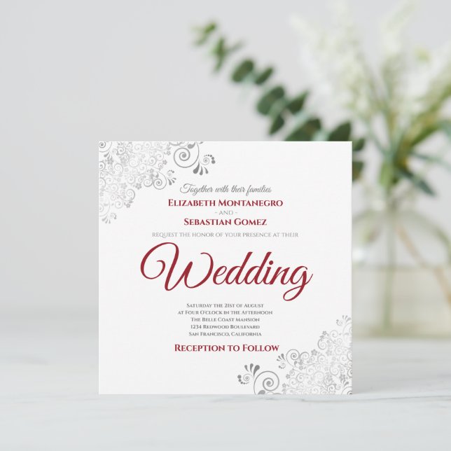 Silver Frills Elegant Red & White Square Wedding Invitation (Standing Front)