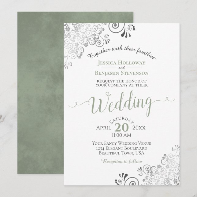 Silver Frills Elegant Sage Green on White Wedding Invitation (Front/Back)