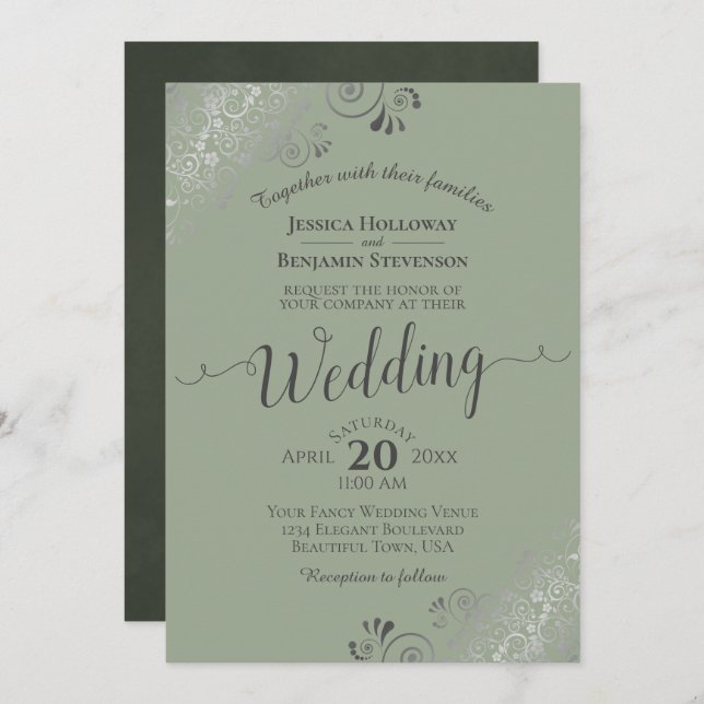 Silver Frills Elegant Sage or Olive Green Wedding Invitation (Front/Back)