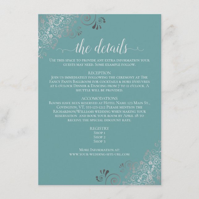 Silver Frills Elegant Teal Wedding Details Enclosure Card (Front)