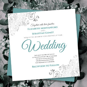 Silver Frills Elegant Teal & White Square Wedding Invitation