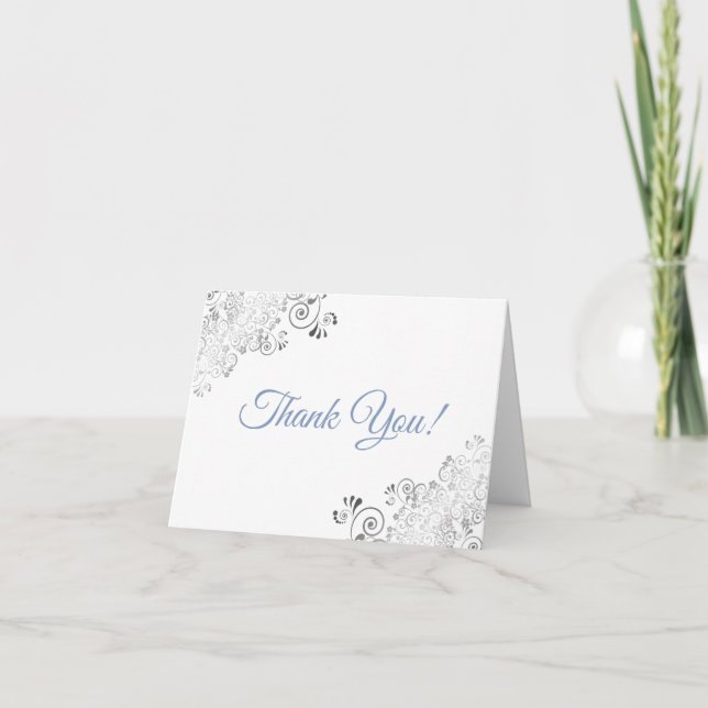 Silver Frills Elegant White & Blue Wedding Photo Thank You Card (Front)