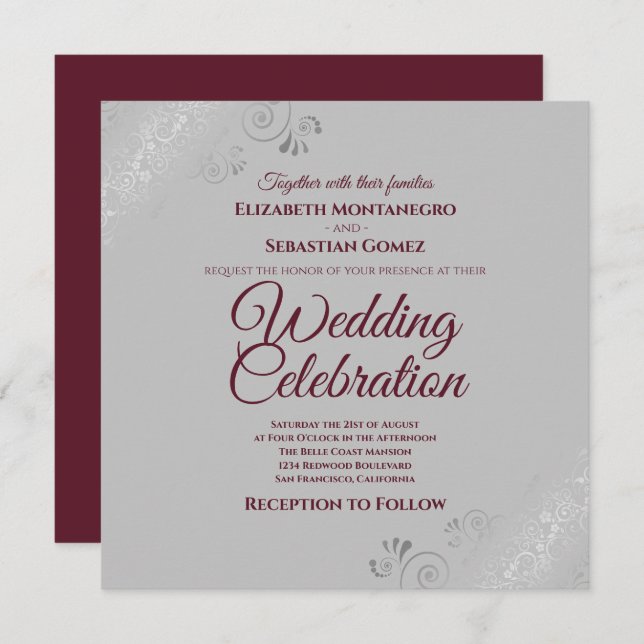 Silver Frills Grey Burguny Elegant Square Wedding Invitation (Front/Back)