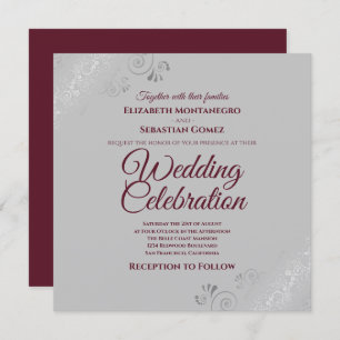 Silver Frills Grey Burguny Elegant Square Wedding Invitation