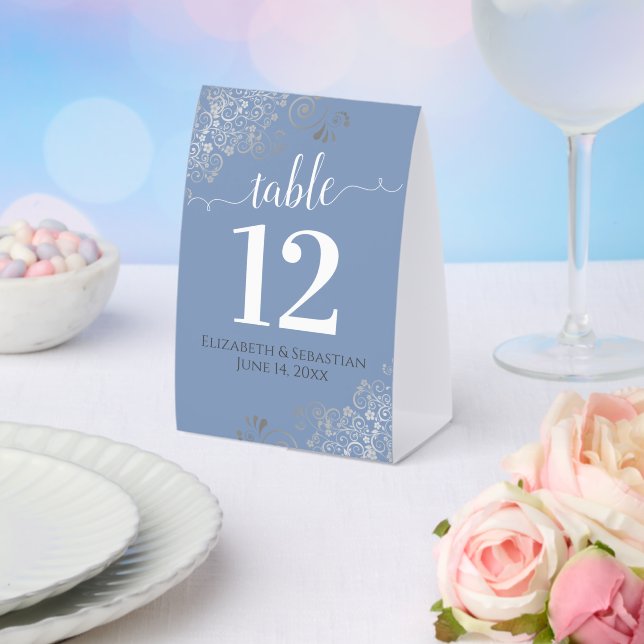 Silver Frills Light Blue Wedding Table Number (Insitu(Wedding))
