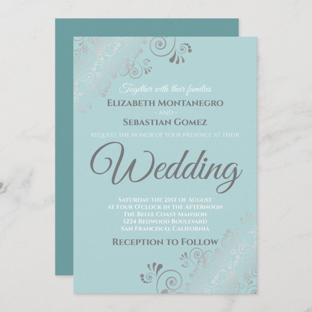 Silver Frills Light Teal and Grey Wedding Invitation (Front/Back)