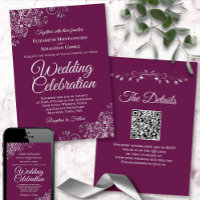 Silver Frills Magenta Plum Elegant QR Code Wedding