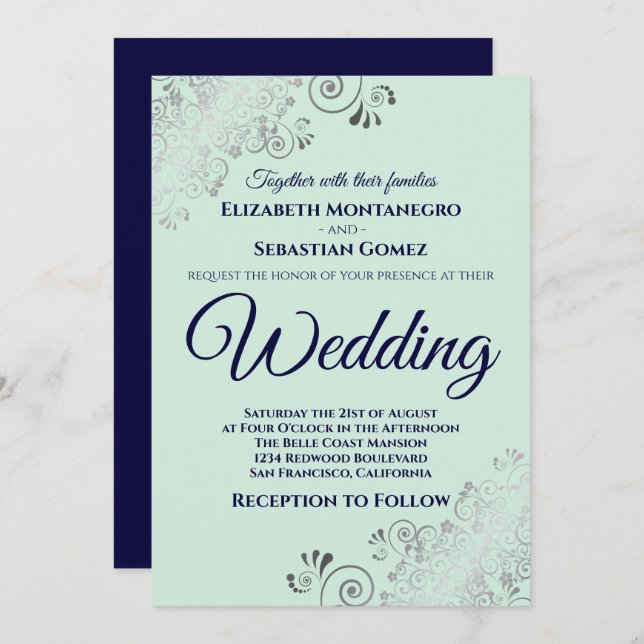 Silver Frills Mint Green & Navy Blue Chic Wedding Invitation (Front/Back)