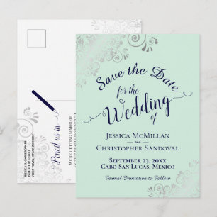 Silver Frills Mint & Navy Wedding Save the Date Announcement Postcard