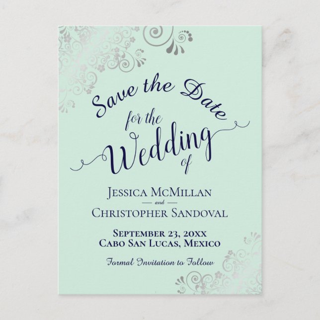 Silver Frills Mint & Navy Wedding Save the Date Announcement Postcard (Front)