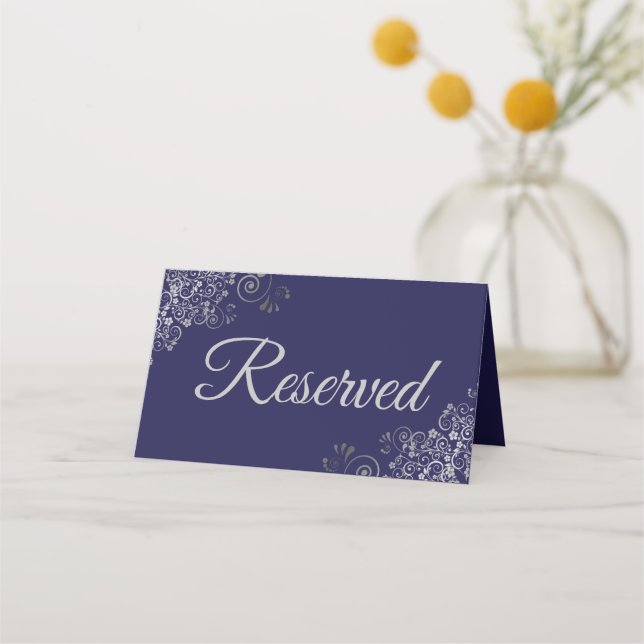 Silver Frills Navy Blue Elegant Wedding Reserved Place Card (Back)