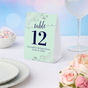Silver Frills Navy Blue Mint Wedding Table Number