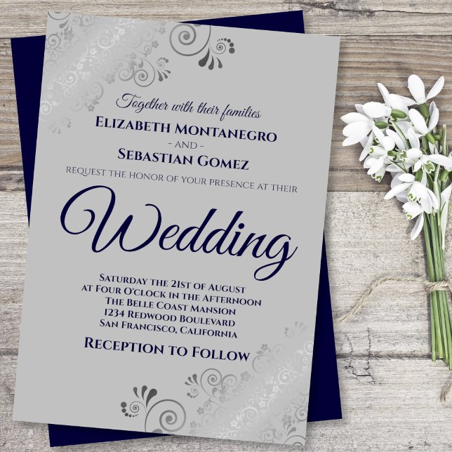 Silver Frills Navy Blue on Grey Wedding Invitation (Creator Uploaded)