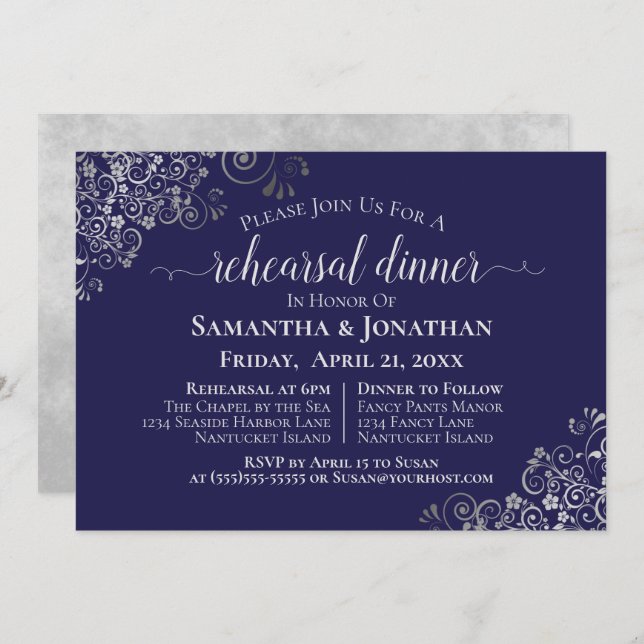 Silver Frills Navy Blue Wedding Rehearsal & Dinner Invitation (Front/Back)