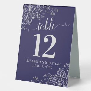 Silver Frills Navy Blue Wedding Table Number