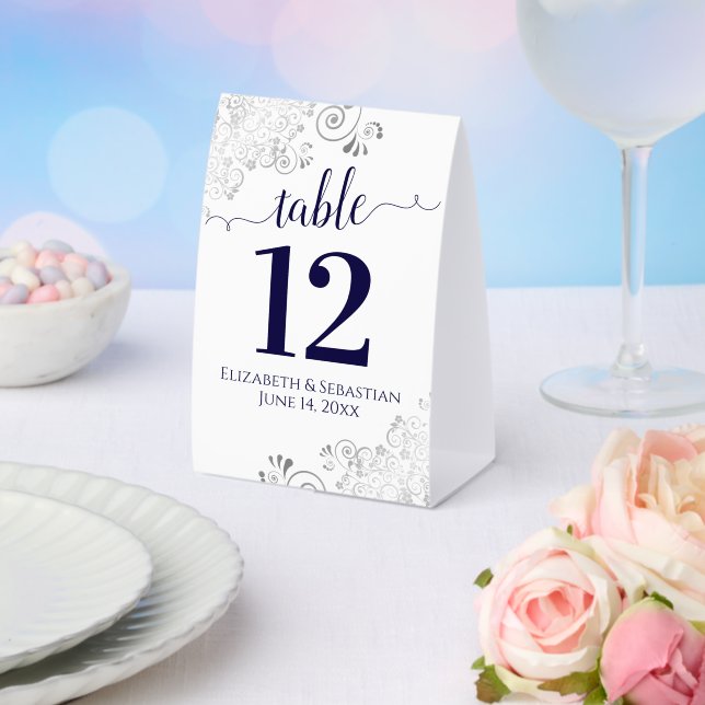 Silver Frills Navy Blue White Wedding Table Number (Insitu(Wedding))