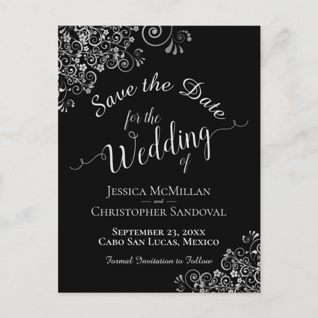 Silver Frills on Black Chic Wedding Save the Date Announcement Postcard (Front)