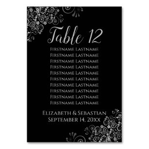 Silver Frills on Black Wedding Seating Chart Table Number