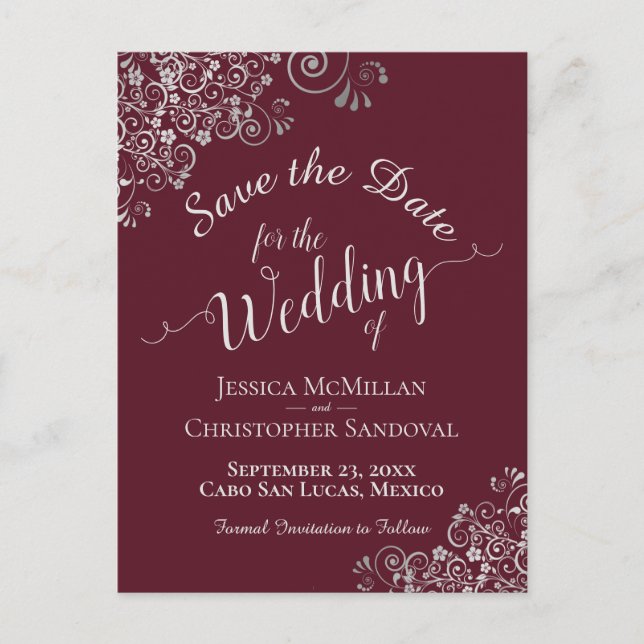 Silver Frills on Burgundy Wedding Save the Date Announcement Postcard (Front)