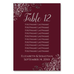 Silver Frills on Burgundy Wedding Seating Chart Table Number