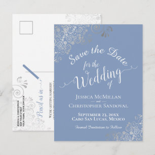 Silver Frills on Light Blue Wedding Save the Date Announcement Postcard