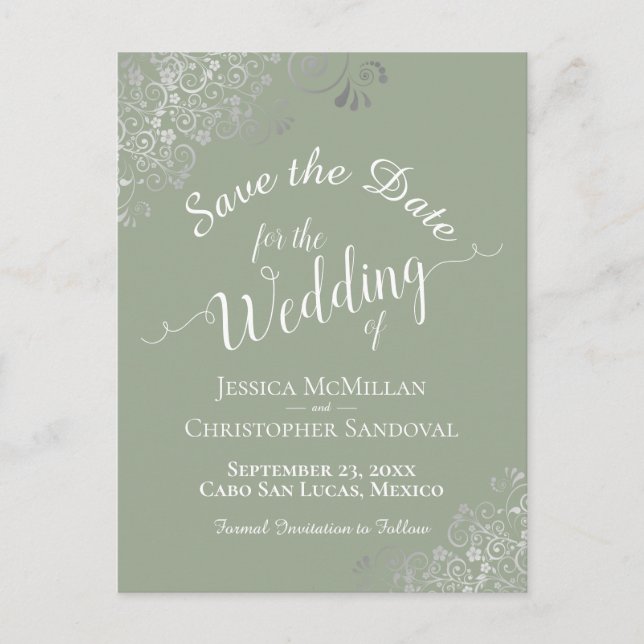 Silver Frills on Sage Green Wedding Save the Date Announcement Postcard (Front)