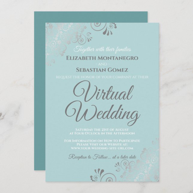 Silver Frills Pale Teal and Grey Virtual Wedding Invitation (Front/Back)