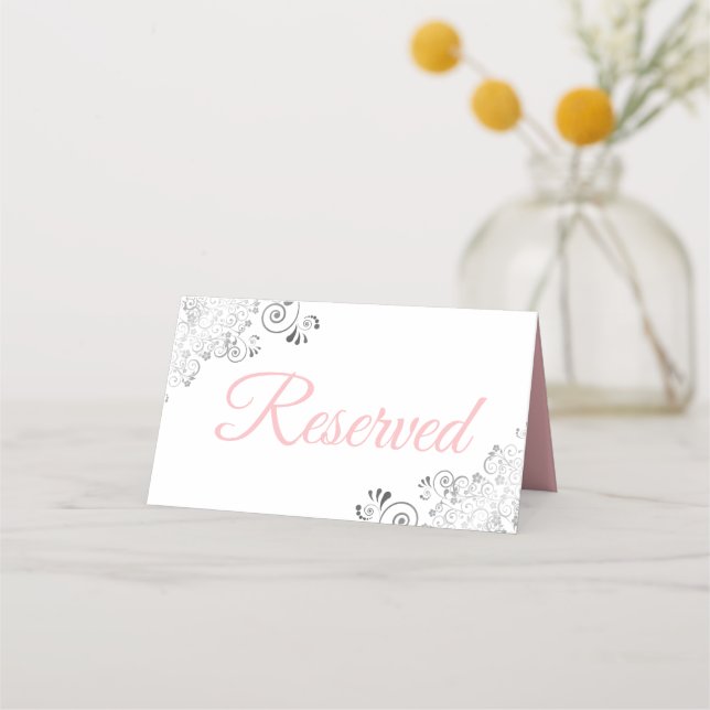 Silver Frills Pink White Elegant Wedding Reserved Place Card (Back)