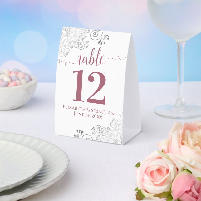 Silver Frills Rose on White Wedding Table Number (Insitu(Wedding))