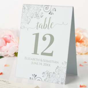 Silver Frills Sage on White Wedding Table Number