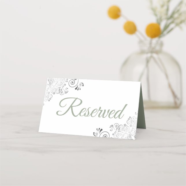 Silver Frills Sage White Elegant Wedding Reserved Place Card (Back)