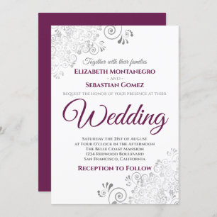 Silver Frills Simple Chic Cassis & Grey Wedding Invitation