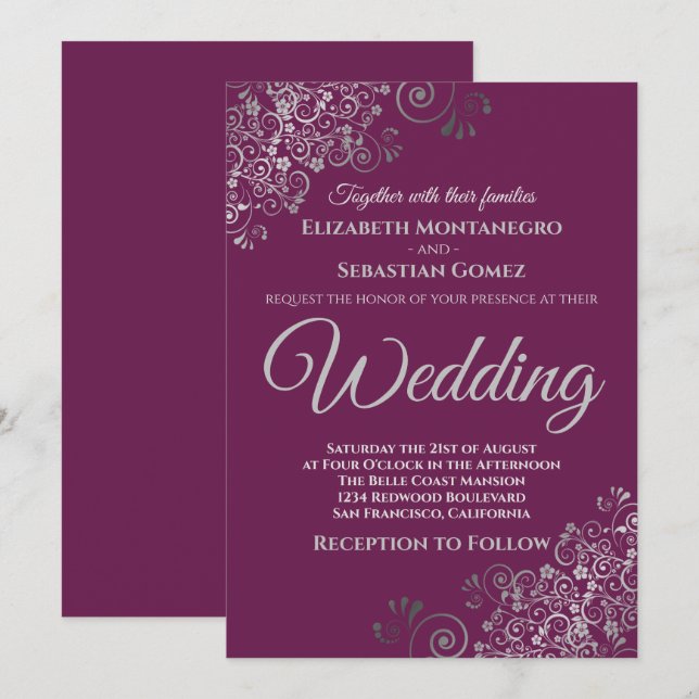 Silver Frills Simple Chic Cassis Purple Wedding Invitation (Front/Back)