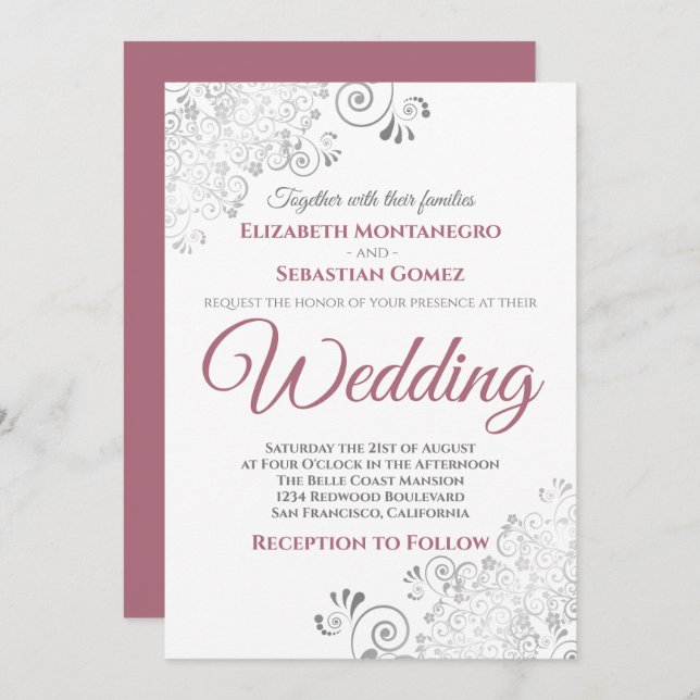 Silver Frills Simple Chic Dusty Rose White Wedding Invitation (Front/Back)