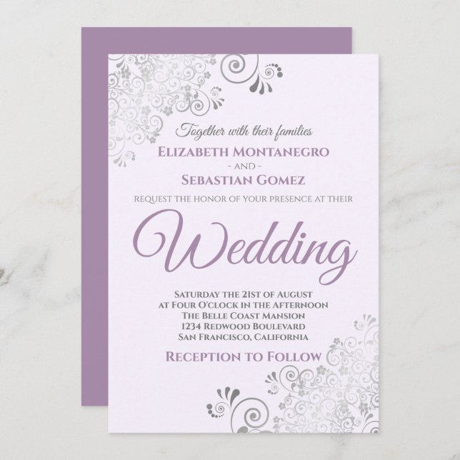 Silver Frills Simple Chic Purple and Grey Wedding Invitation (Front/Back)