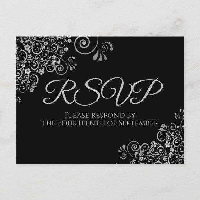 Silver Frills Simple Elegant Black Wedding RSVP Postcard (Front)