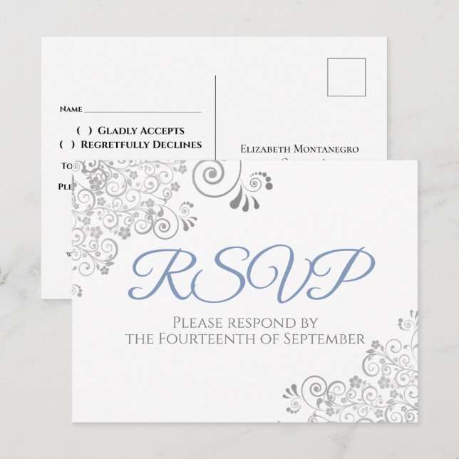 Silver Frills Simple Elegant Blue Wedding RSVP Postcard (Front/Back)