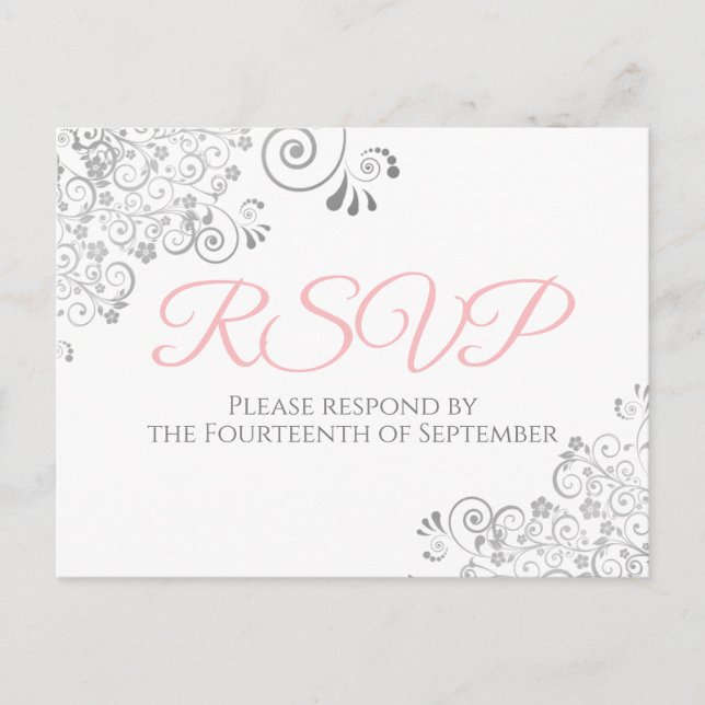 Silver Frills Simple Elegant Pink Wedding RSVP Postcard (Front)