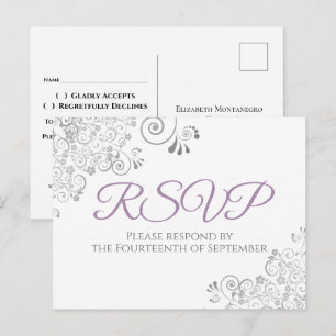 Silver Frills Simple Elegant Purple Wedding RSVP Postcard